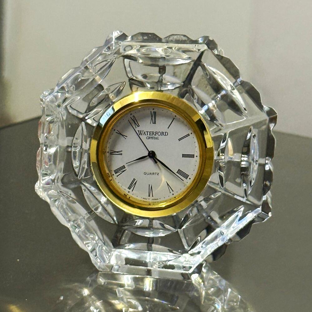 Waterford Crystal Clear Octagon Desk Clock Quartz Analog Roman Numerals Gold
